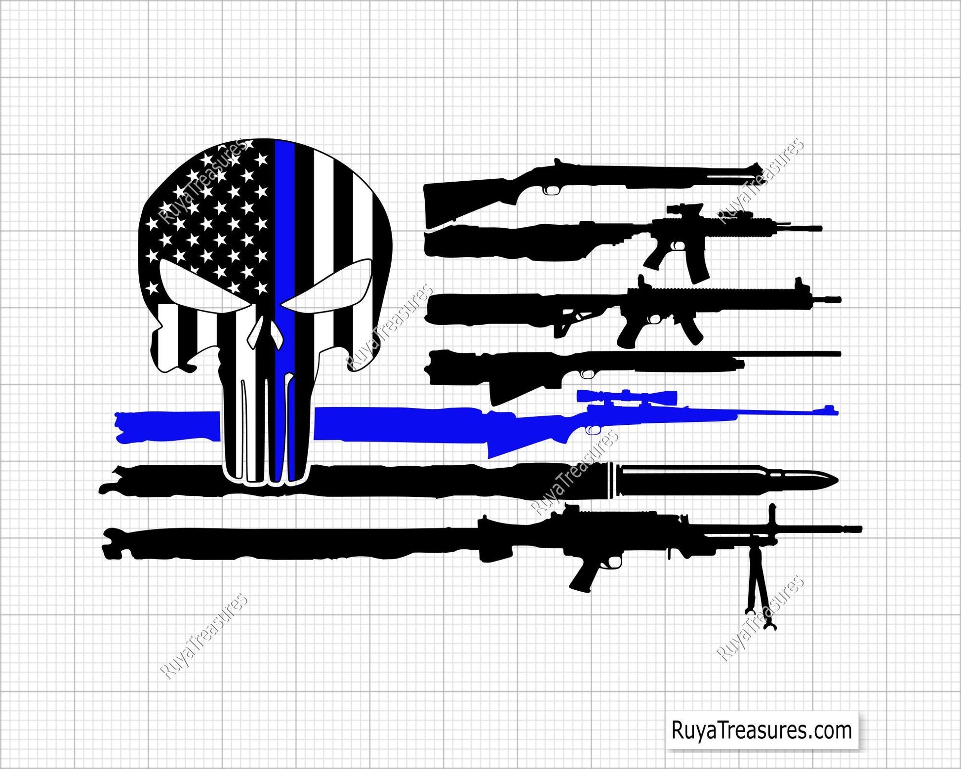 Thin Blue Line Punisher With Guns Svg