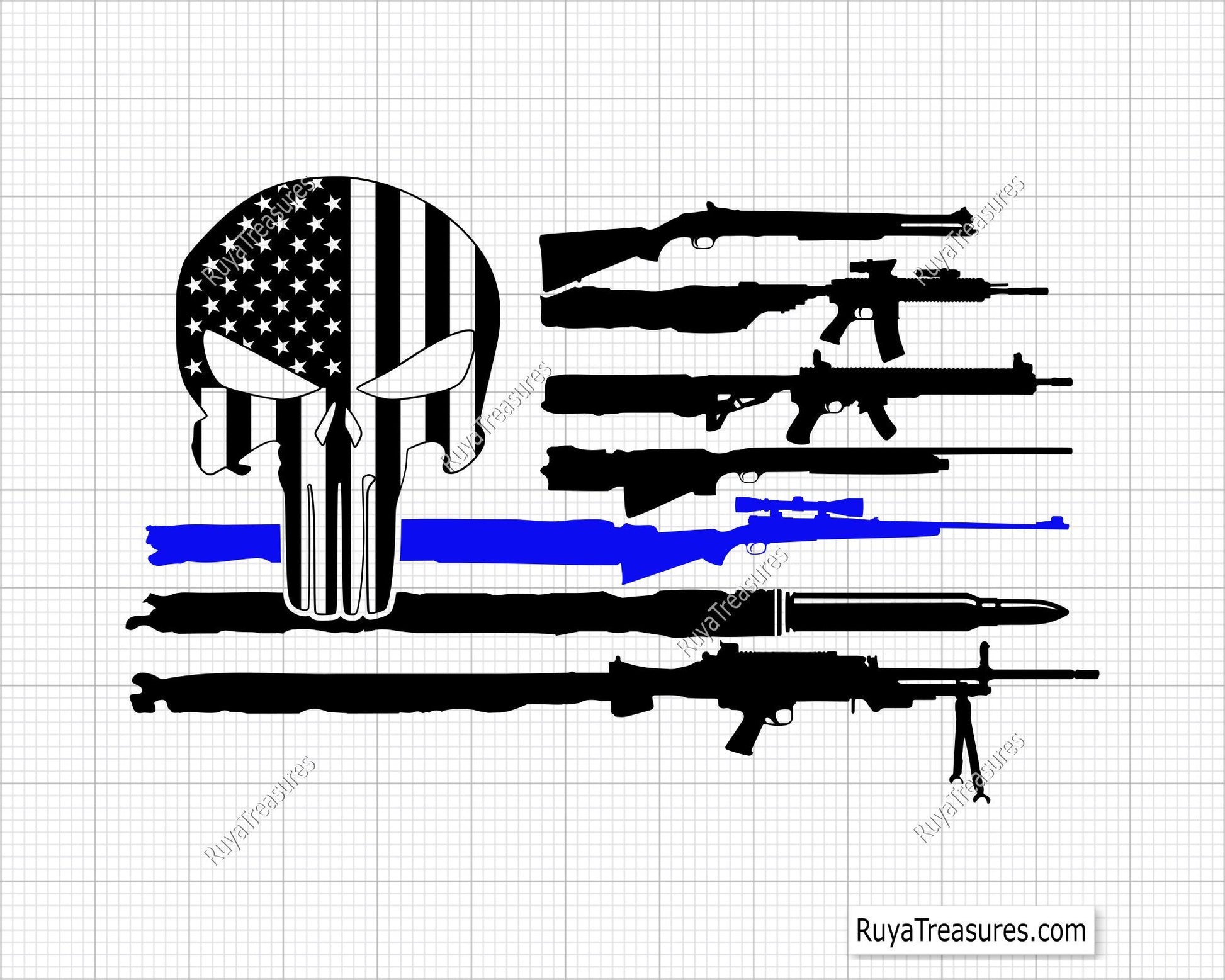 Thin Blue Line Punisher With Guns Svg